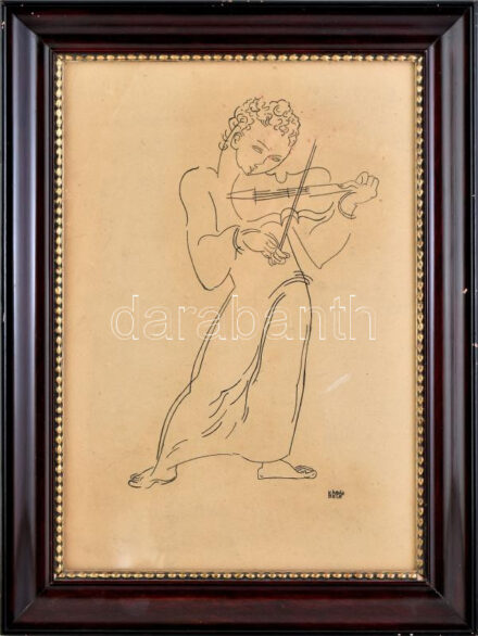 Kádár Béla jelzéssel: Hegedülő lány. Tus, karton, kissé sérült. Dekoratív, kissé kopott üvegezett fakeretben. 50x35 cm