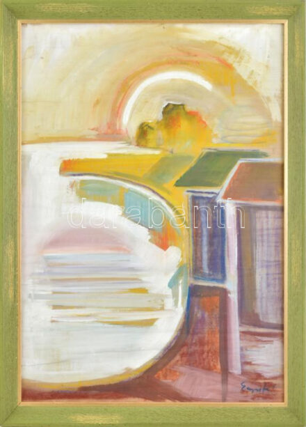 Egry József jelzéssel: Hegyvidéki táj. Vegyes technika, papír, sérült. Dekoratív, üvegezett fakeretben, 58x44 cm