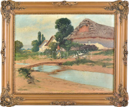 Neogrády László (1896-1962): Libapásztorlány. Olaj, vászon. Jelzett. Dekoratív, kissé sérült fakeretben. 40×50 cm
