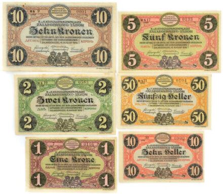 Zalaegerszeg / hadifogolytábor 1916. augusztus 15. 10f + 50f + 1K + 2K + 5K + 10K arab sorozat és sorszámmal, közte 4x 'MS' betűjelzéssel T:I-II fo. Adamo HHZ1.1V, HHZ1.3.3V, HHZ1.4.1V, HHZ1.5.3V, HHZ1.6.3V, HHZ1.7.3V