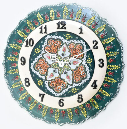 Keleti stílusú, díszes falióra, mázas kerámia, jelzés nélkül, d: 31 cm (elem nélkül)