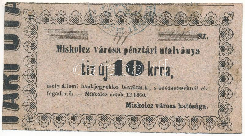 Miskolc 1860. 10kr 'Miskolcz városa pénztári utalványa' 'A 1412' T:III fo. Adamo MIS2.1