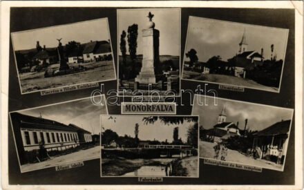 Monorfalva, Mindendorf, Monor; Hősi Emlék, Állami iskola, Községháza, Római katolikus templom, utca, falurészlet / market, heroes' monument, school, town hall, church, street, village (Rb)