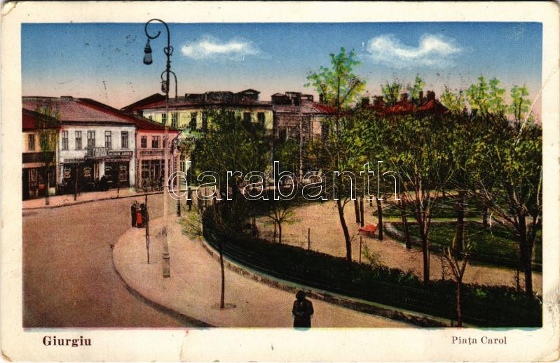 1934 Giurgiu, Gyurgyevó, Gyurgyó; Piata Carol / square, Bere Luther, Unirea, shops (tear)