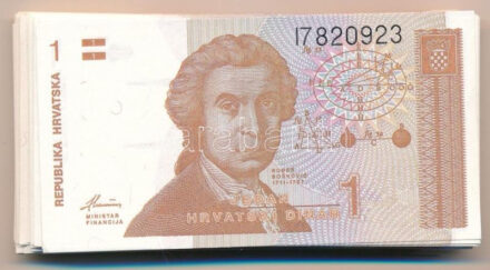 Horvátország 1991. 1D (100x) közte sorszámkövetők T:I,I- Croatia 1991. 1 Dinar (100x) with consecutive serials in it C:UNC,AU Krause P#16