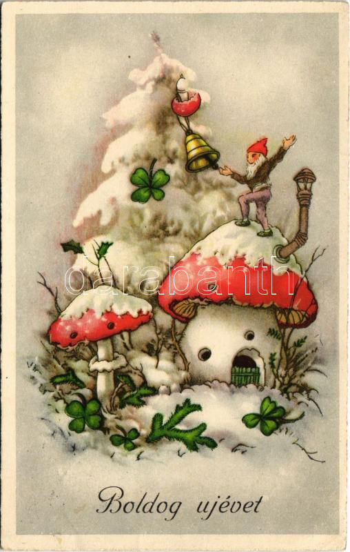 1943 Boldog újévet! Törpe gombaházzal / New Year greeting, dwarf with mushroom house (EK)