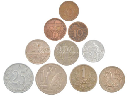Csehszlovákia / Szlovákia 1926-1942. 10h (3xklf) + 20h (2xklf) + 25h(2xklf) + 50h + 1K (2xklf) T:2-3 közte patina Czechslovakia / Slovakia 1926-1942. 10 halierov (3xdiff) + 20 halierov (2xdiff) + 25 halierov (2xdiff) + 50 halierov + 1 Korun