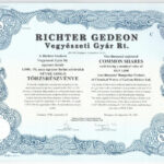 Budapest 1994. 'Richter Gedeon Vegyészeti Gyár Rt.' névre szóló törzsrészvénye 1000Ft értékben, szárazpecséttel, szelvényekkel T:I,I-