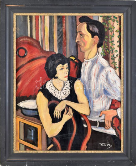 Vörös Géza jelzéssel: Pár. Olaj, karton. Dekoratív fakeretben. 69x53 cm