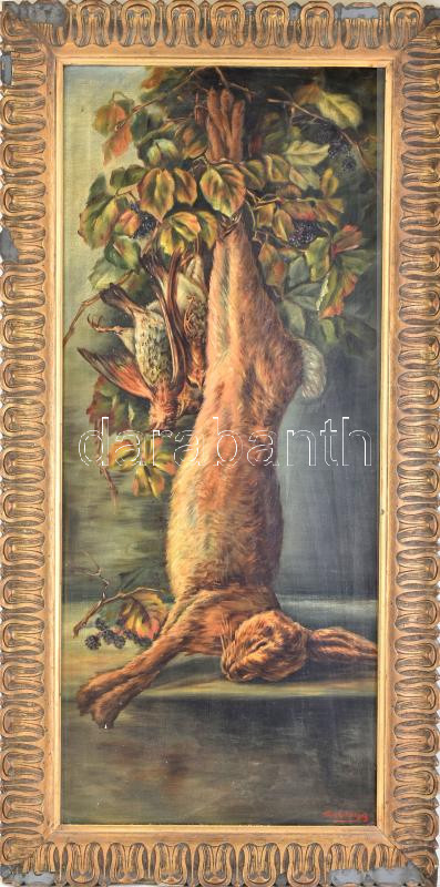 Benke Margit (?-), működött a XX. sz. elején: Vadászcsendélet elejtett nyúllal. Olaj, vászon. Jelzett. Dekoratív szecessziós, sérült fakeretben. 99x43 cm KIZÁRÓLAG SZEMÉLYES ÁTVÉTEL, NEM POSTÁZZUK! / ONLY PERSONAL COLLECTION AT