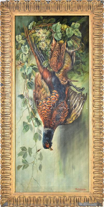 Benke Margit (?-), működött a XX. sz. elején: Vadászcsendélet elejtett fácánnal. Olaj, vászon. Jelzett. Dekoratív szecessziós, sérült fakeretben. 99x43 cm KIZÁRÓLAG SZEMÉLYES ÁTVÉTEL, NEM POSTÁZZUK! / ONLY PERSONAL COLLECTION AT