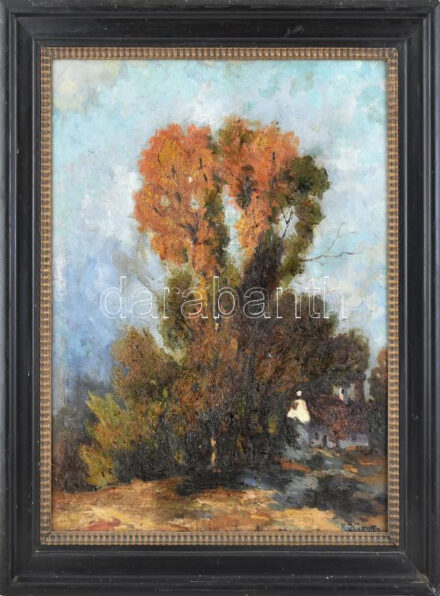 R. Kurutz jelzéssel, XX. sz. első fele: Őszi táj. Olaj, karton, dekoratív fakeretben, 64×55 cm
