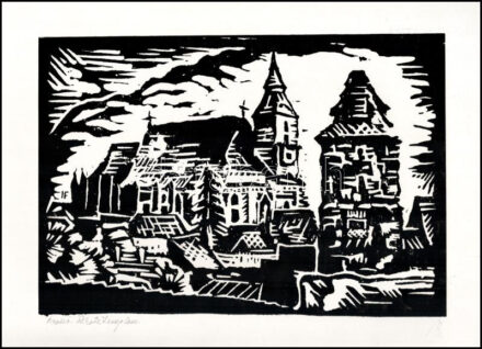 Illi, Franz (1932- ):4 db linómetszet: Brassói Fekete-templom, Katalin torony, Régi tanácsház, Városrészlet. Jelzett, 21x30 cm