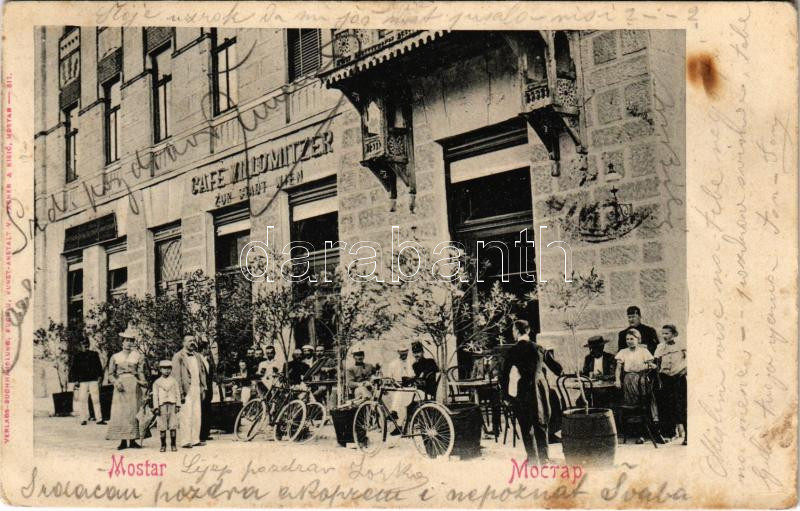 1901 Mostar, Cafe Willomitzer zur Stadt Wien, bicycles (fl) + 'K. UND K. MILIT. POST MOSTAR'