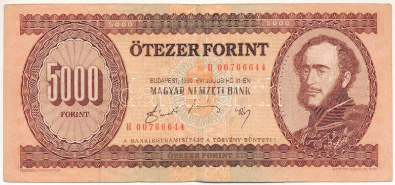 1990. 5000Ft 'H 00766644' T:III Hungary 1990. 5000 Forint 'H 00766644' C:F Adamo F49