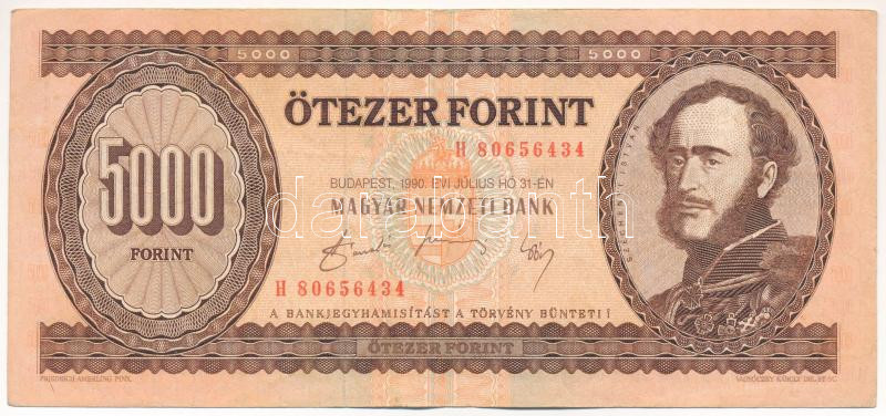 1990. 5000Ft 'H 80656434' T:III Hungary 1990. 5000 Forint 'H 80656434' C:F Adamo F49