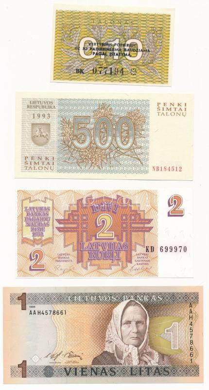 Litvánia 1991. 0,10T + 1994. 1L + 1992. 2R + 1993. 500T T.1-1- Lithuania 1991. 0.10 Talonas + 1994. 1 Litas + 1992. 2 Litai + 1993. 500 Talonas C: UNC-AU