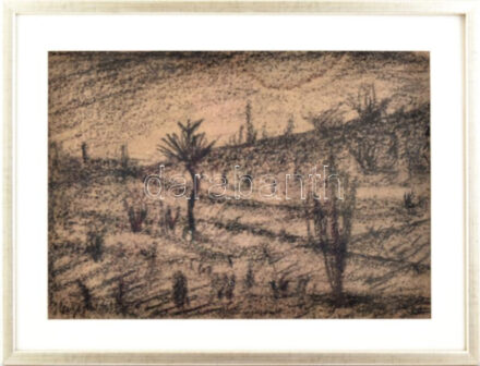 Nagy István jelzéssel: Tájkép. Fekete kréta, papír, üvegezett keretben, 29x41cm