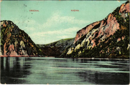1910 Orsova, Kazán-szoros / Kasanpartie / Cazane / gorge + 'ORSOVA - BUDAPEST 179. SZ. B' vasúti mozgóposta bélyegző (kis szakadás / small tear)