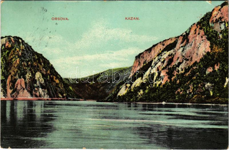 1910 Orsova, Kazán-szoros / Kasanpartie / Cazane / gorge + 'ORSOVA - BUDAPEST 179. SZ. B' vasúti mozgóposta bélyegző (kis szakadás / small tear)