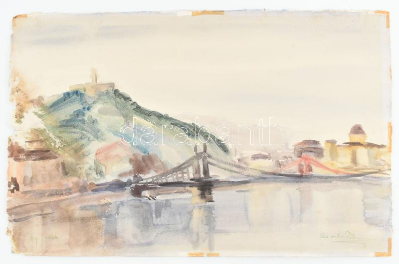 Csorba Tibor (1906-1985): Budapesti panoráma, 1964. Akvarell, papír, jelzett, sérült. Kartonra rögzítve. 31x49 cm