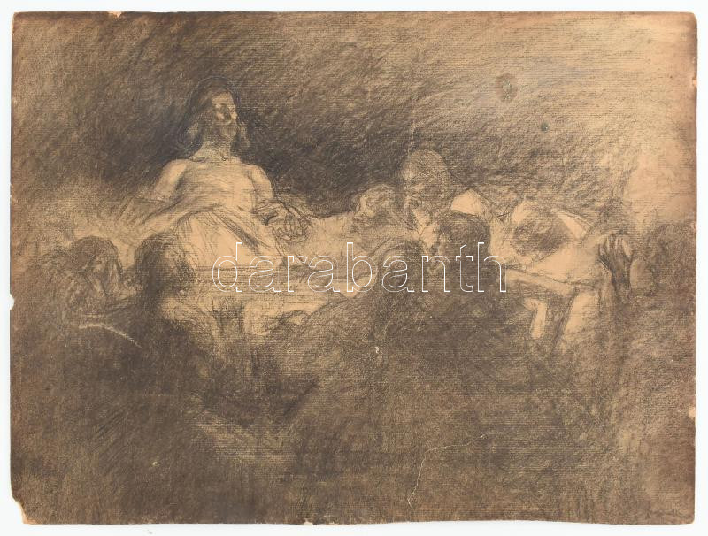 Olvashatatlan jelzéssel (jobbra lent): Az utolsó vacsora. Szén, karton. Kissé sérült. 37,5x50 cm