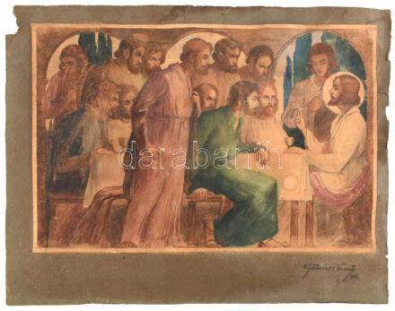 Gebauer Ernő (1892-1962): Az utolsó vacsora, 1914. Akvarell, ceruza, papír. Jelzett. Kartonra kasírozva. 25x38,5 cm