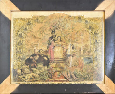 Jelzés nélkül: Magyarország 1000-éves alkotmányos fennállásának örömünnepe. Vegyes technika, pauszpapír. Kissé sérült. Üvegezett fakeretben. 52,5x66 cm