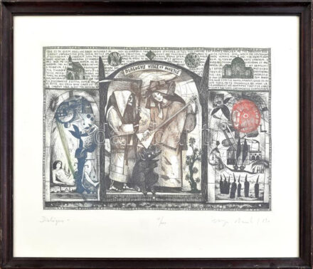 Varga Bencsik József (1944-): Dialógus. Színezett rézkarc, papír, jelzett, számozott (45/100), 27×40 cm, üvegezett fakeretben, 27×31 cm