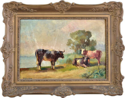 Burchard-Bélaváry István (1864-1933): Tehenek a vízparton. Olaj, karton, jelzett. Dekoratív fakeretben, 24×35 cm