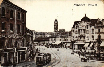 1913 Nagyvárad, Oradea; Bémer tér, villamos, Erdős és Grünfeld üzlete / square, tram, shops (EB)