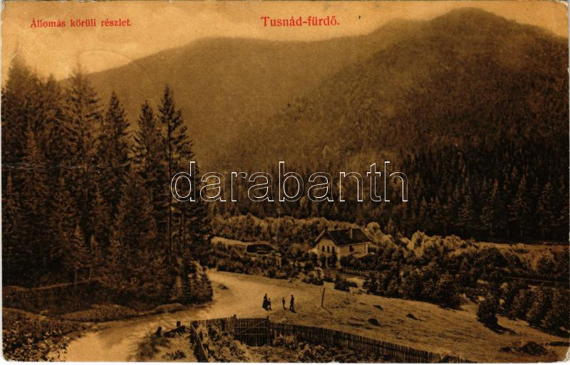 1912 Tusnádfürdő, Baile Tusnad; Vasútállomás körüli részlet. Brunner Lajos kiadása / railway station (fa)
