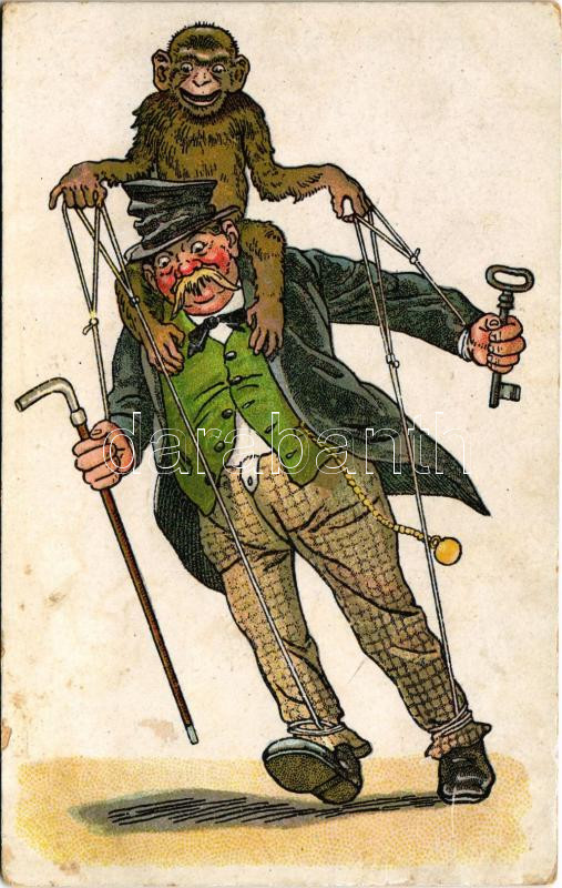 Monkey with old man, puppet, humour, litho (fl)