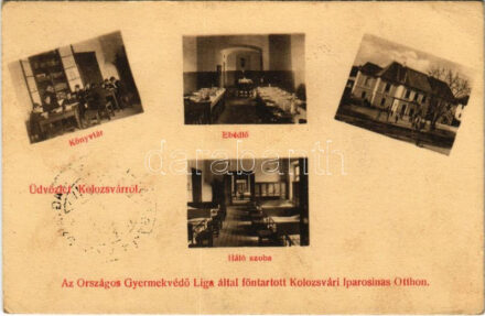 1913 Kolozsvár, Cluj; Az Országos Gyermekvédő Liga által fenntartott Kolozsvári Iparosinas Otthon. Könyvtár, ebédlő, hálószoba, belső. Csizhegyi S. fényképész felvételei / boarding school, library, dining hall, dormitory, interior