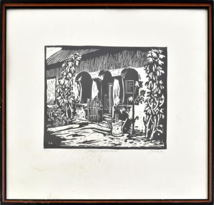 Bánsági András (1934-1993): Magyar gazda udvar. Linómetszet, papír. Jelzett. Lap széle kissé foltos. 21x30 cm. Üvegezett fakeretben