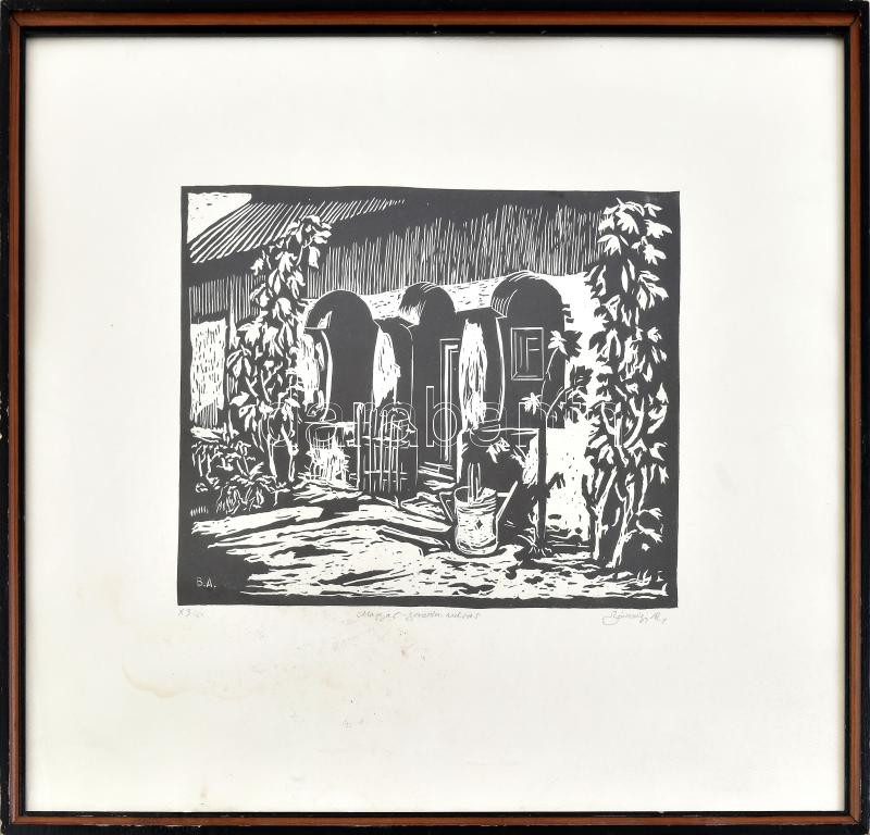 Bánsági András (1934-1993): Magyar gazda udvar. Linómetszet, papír. Jelzett. Lap széle kissé foltos. 21x30 cm. Üvegezett fakeretben