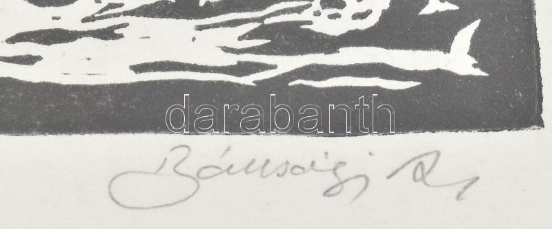 Bánsági András (1934-1993): Magyar gazda udvar. Linómetszet, papír. Jelzett. Lap széle kissé foltos. 21x30 cm. Üvegezett fakeretben - Image 2