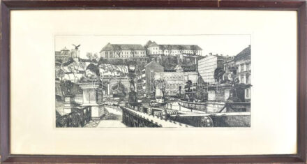 Kádas István (1941-): Lánchíd. Rézkarc, papír, jelzett, számozott (78/100). Üvegezett fakeretben, 24×50 cm