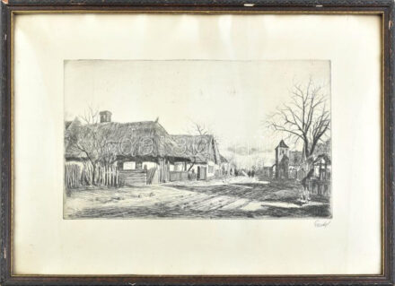 Élesdy István (1912-1987). Réten. Rézkarc, papír. Jelzett. 25x43 cm. Üvegezett, kissé sérült fakeretben.