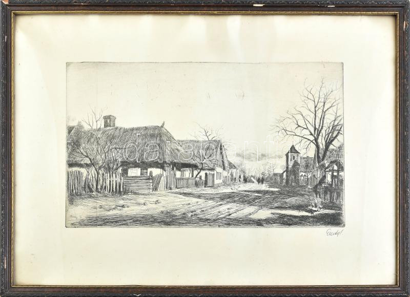 Élesdy István (1912-1987). Réten. Rézkarc, papír. Jelzett. 25x43 cm. Üvegezett, kissé sérült fakeretben.