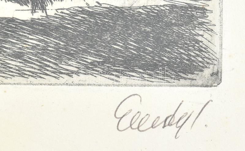 Élesdy István (1912-1987). Réten. Rézkarc, papír. Jelzett. 25x43 cm. Üvegezett, kissé sérült fakeretben. - Image 2