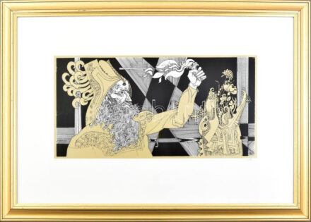 Szász Endre (1926-2003): Szürrealista jelenet. Szitanyomat, papír, jelzett, művészpéldány AP. XIII/XV. számozással. Dekoratív, üvegezett fakeretben, 25x49 cm