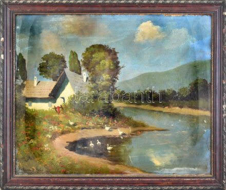 S Bolczer B. Béla (?) jelzéssel, XX. sz. első fele: Libák a vízparton. Olaj, karton. Dekoratív, üvegezett, sérült fakeretben, 55x67 cm