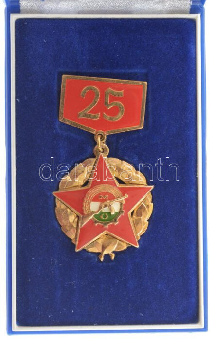 ~1980. 'Munkásőr - 25 év után' aranyozott, műgyantás jelvény eredeti tokjában T:2 patina