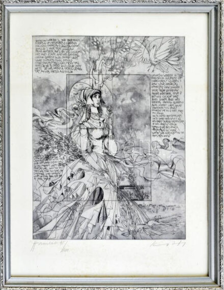 Kass János (1927-2010): Hamlet. Rézkarc, papír, jelzett, számozott (95/100). Kissé foltos. Üvegezett fa keretben. 38×28 cm