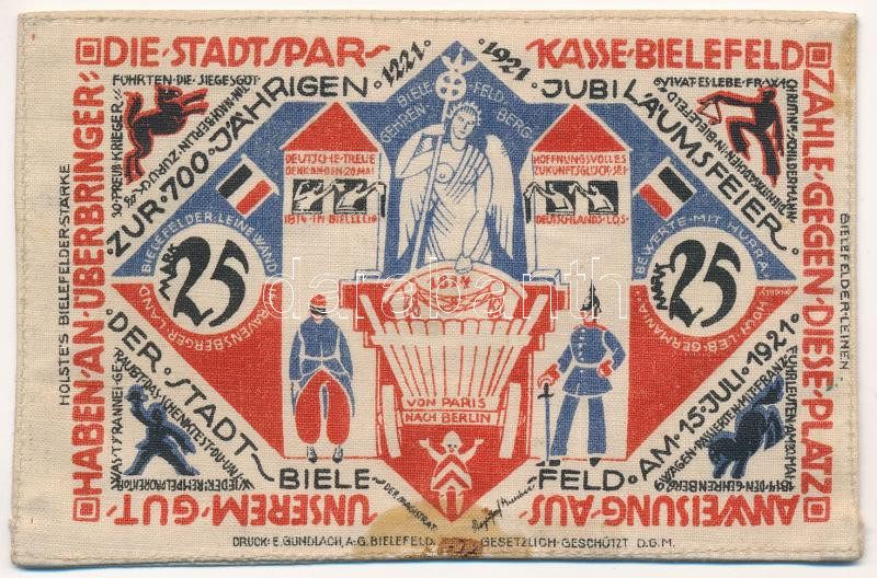 Német Birodalom / Weimari Köztársaság / Bielefeld 1921. 25M selyem T:III hátoldalán fekete ragasztónyomok German Empire / Weimar Republic / Bielefeld 1921. 25 Mark silk C:F black gluemarks on the back