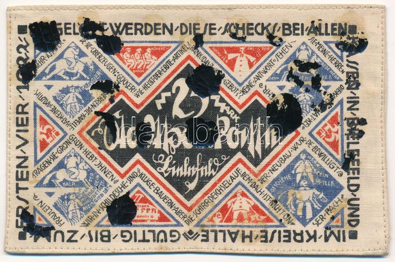 Német Birodalom / Weimari Köztársaság / Bielefeld 1921. 25M selyem T:III hátoldalán fekete ragasztónyomok German Empire / Weimar Republic / Bielefeld 1921. 25 Mark silk C:F black gluemarks on the back - Image 2