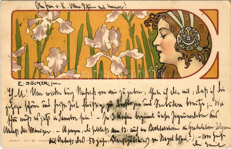 ~1902 Art Nouveau lady. 'Modern' Serie 29. Kunstverlag Rafael Neuber Wien VII. litho s: E. Döcker (EK)