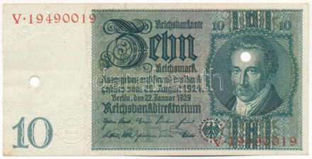 Német Birodalom / Weimari Köztársaság 1929. 10M 'V 19490019' lyukasztással érvénytelenítve T:II German Empire / Weimar Republic 1929. 10 Reichsmark 'V 19490019' cancelled by holes C:XF Krause P#180
