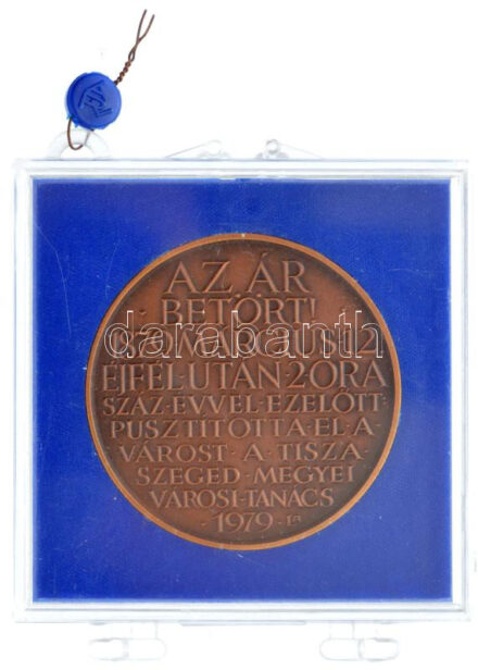Lapis András (1942-) 1979. 'Az ár betört! - 1879. március 12. éjfél után 2 óra - száz évvel ezelőtt pusztította el a várost a Tisza - Szeged - Megyei Városi Tanács' kétoldalas vert bronz érem eredeti tokban, ÁPV plombával T:1